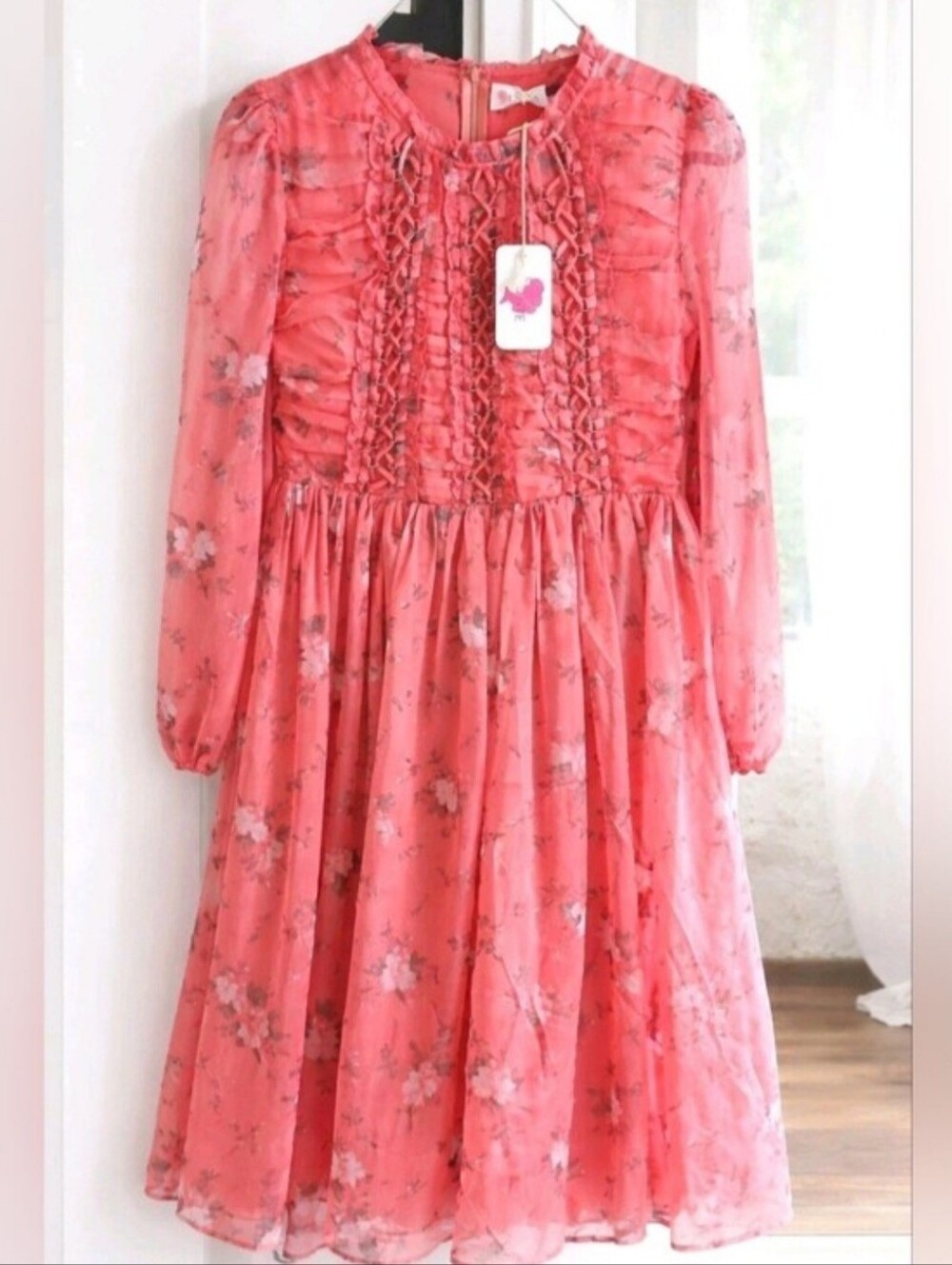 New L'Atiste Cottagecore Floral CHIFFON Pink Midi Dress Ruffle Women's Size M L